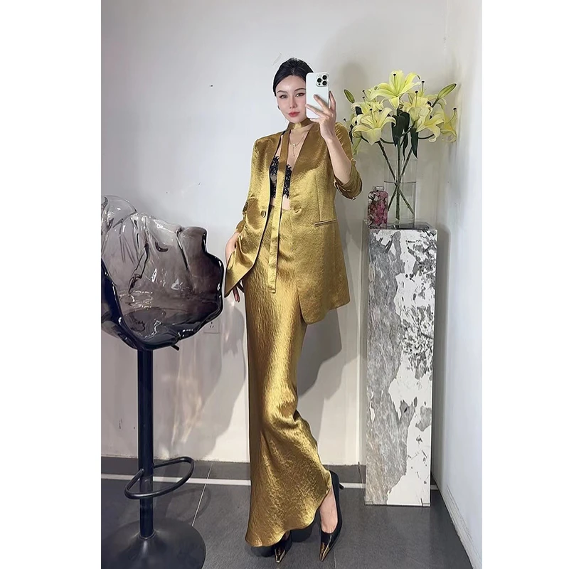 2025春夏醋酸绉带飘带西装外套开叉长款半裙两件套洋气优雅女套装