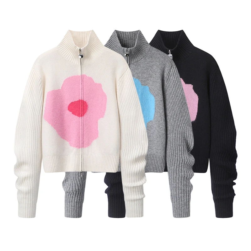 H3014-2024冬季新款百搭花朵提花休闲拉链宽松针织衫女.Y7417