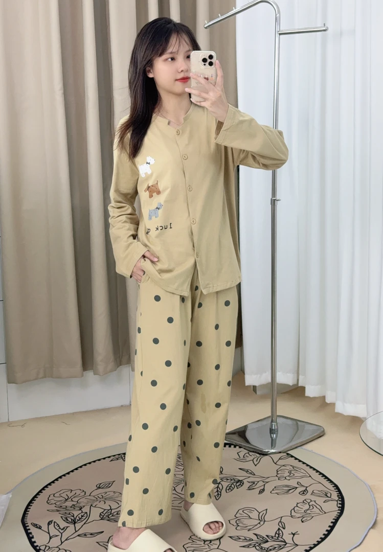 【阿布奶黄】秋冬开衫新款睡衣家居服长裤翻领开扣女士春秋