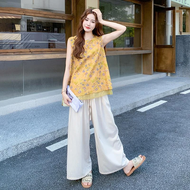 气质优雅小清新碎花无袖上衣套装女精致感2025夏新款阔腿裤两件套