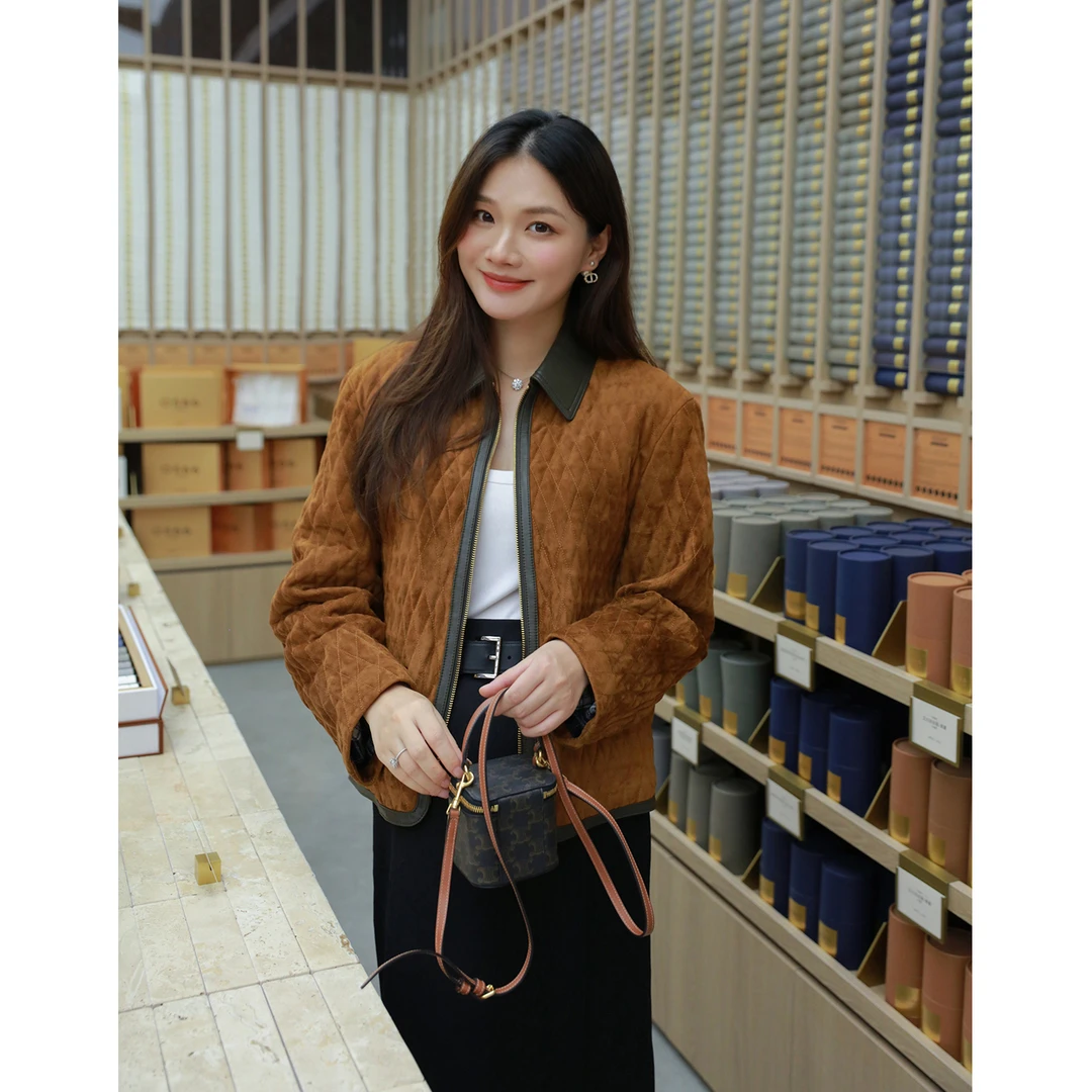 棉服拼接秋冬长袖宽松气质宽松型常规款女士翻领上衣