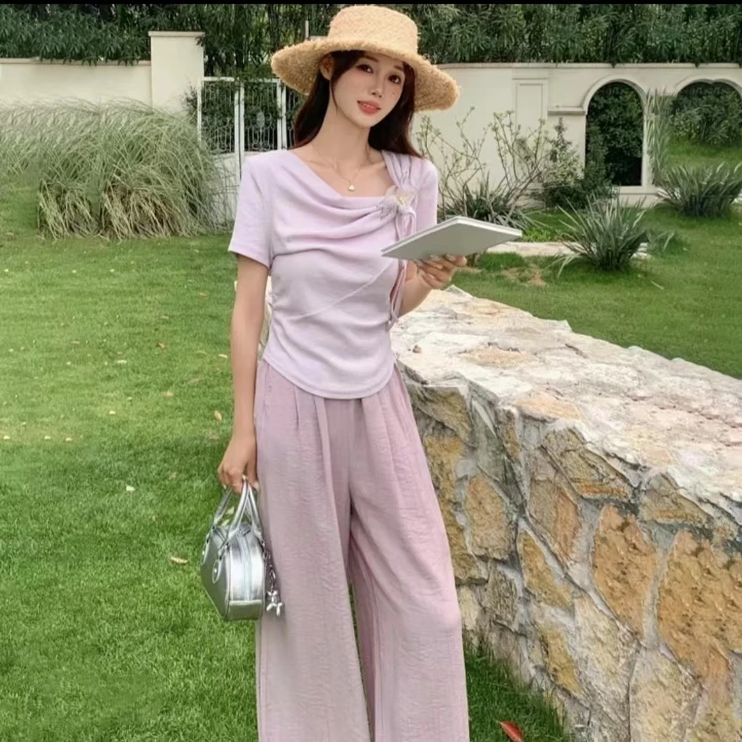 立体蝴蝶不规则短袖阔腿裤两件套A97.(衣长49裤长89).03448