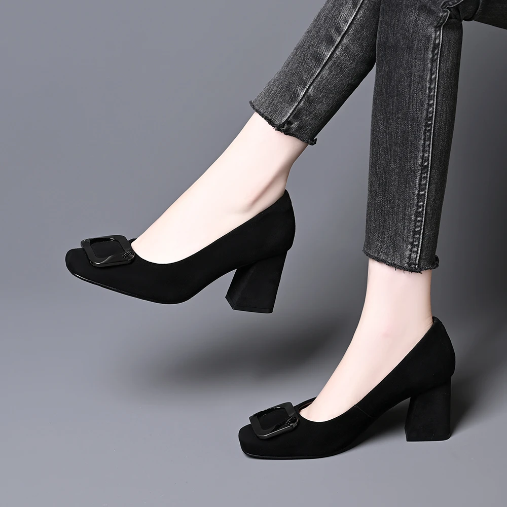 真皮羊皮时尚方扣绒面粗跟单鞋春秋新款气质方头浅口高跟鞋不累脚