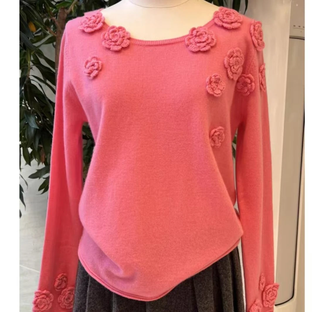 25461860【山茶花】立体勾花100羊毛长袖针织百搭毛衣