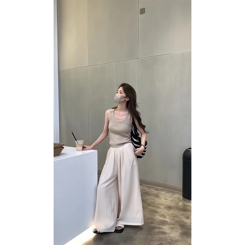 U领针织背心修身短款上衣休闲裤阔腿裤垂感宽松直筒裤拖地长裤女