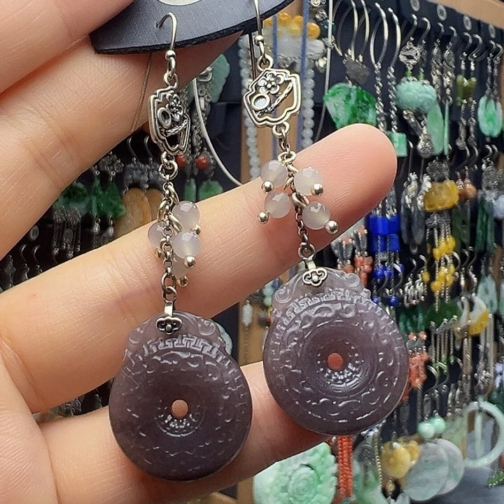 丹***和田玉银S925镶嵌耳饰
