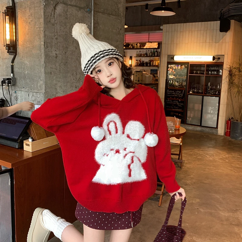 【大脸雯雯子】推荐改良正肩大码胖mm秋冬圣诞新年氛围红色连帽毛衣