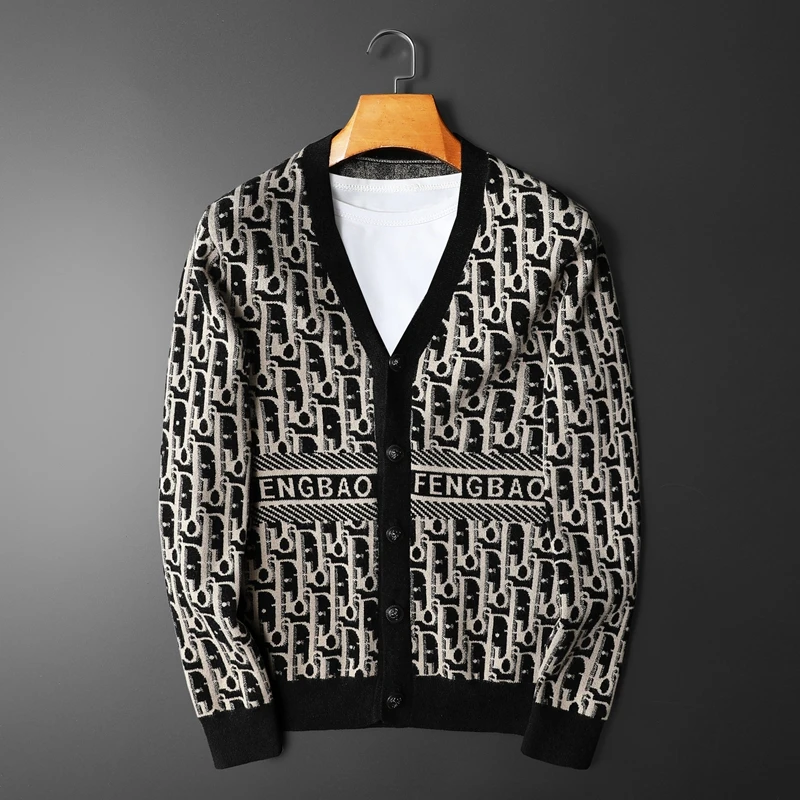 希敦纽勒毛衣开衫外套字母提花青年潮牌时尚针织夹克男上衣帅气