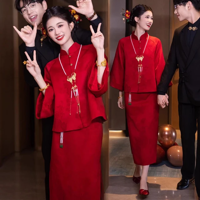 大码胖mm套装敬酒服新娘新款高级感新中式旗袍订婚礼服裙显白回门