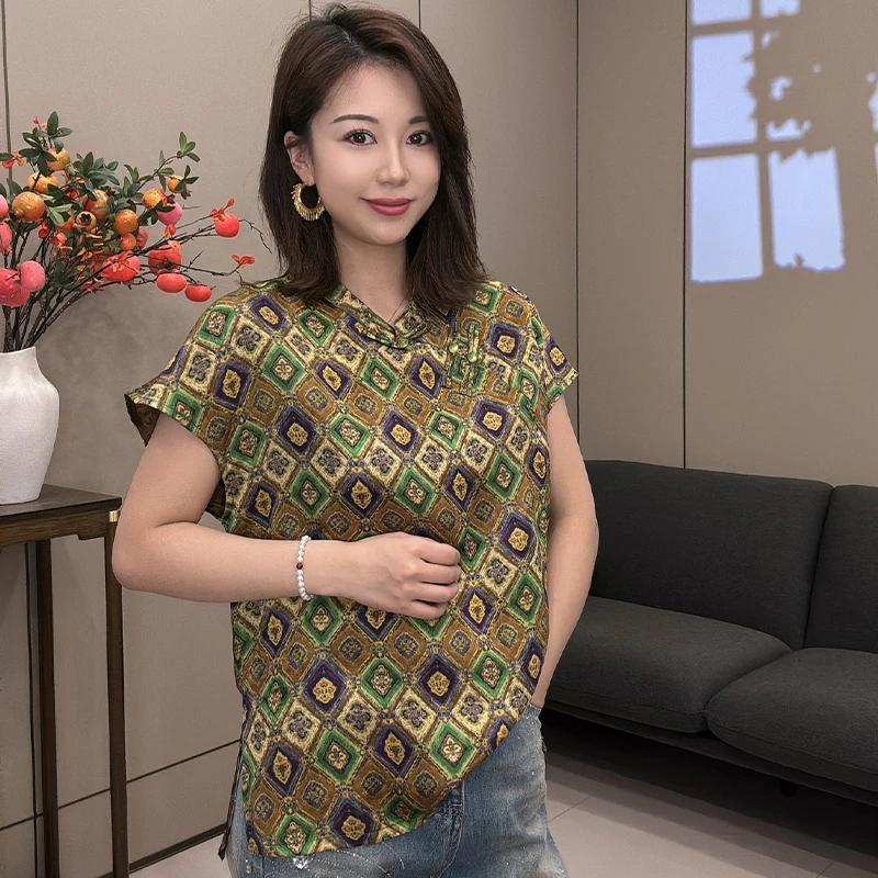 新中式衬衫女夏季新款复古国风高端提花缎面盘扣上衣短袖衬衣9310