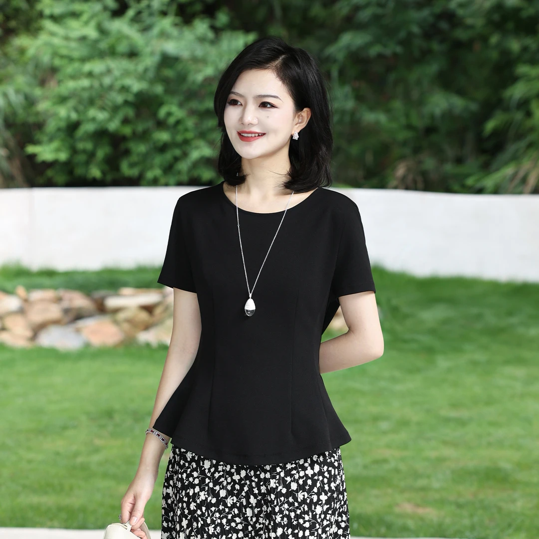 阿楠anan 玲珑生姿 十一片立裁圆领气质收腰弹力女夏纯色短袖上衣