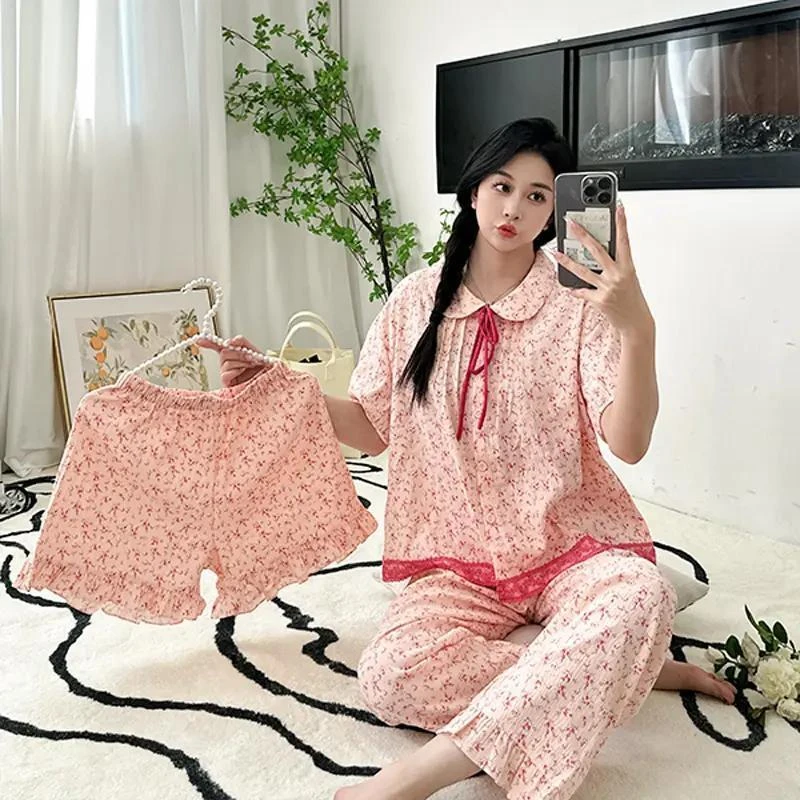 碎花睡衣女款甜美短袖短裤长裤三件套2025年夏季新款家居服可外穿