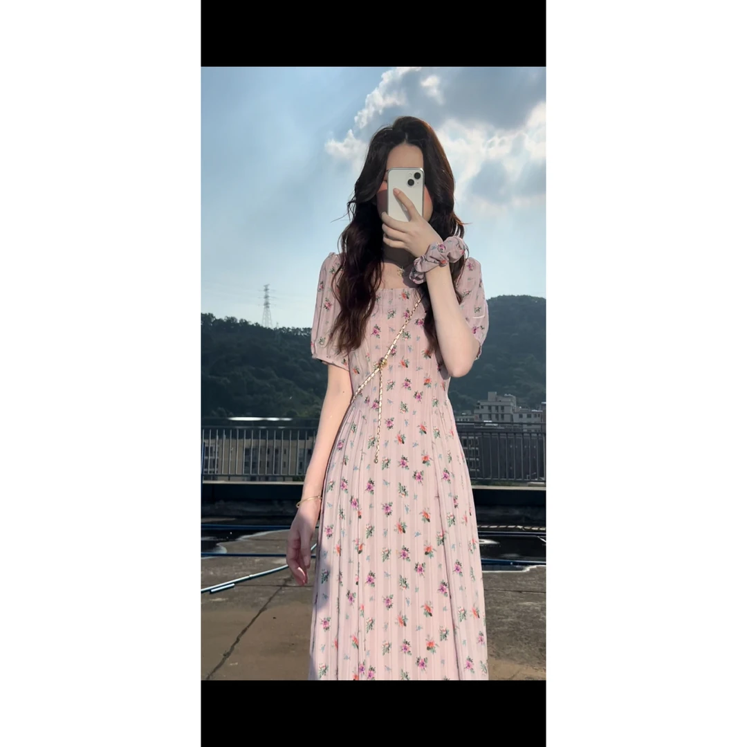 【有口袋】夏季新款方领显瘦中长款时尚设计感高腰短袖连衣裙6002