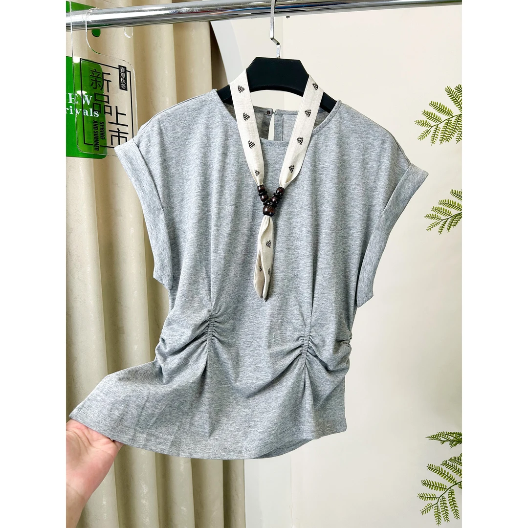 【运费补贴】圆领无袖抽褶收腰显瘦不规则上衣852185