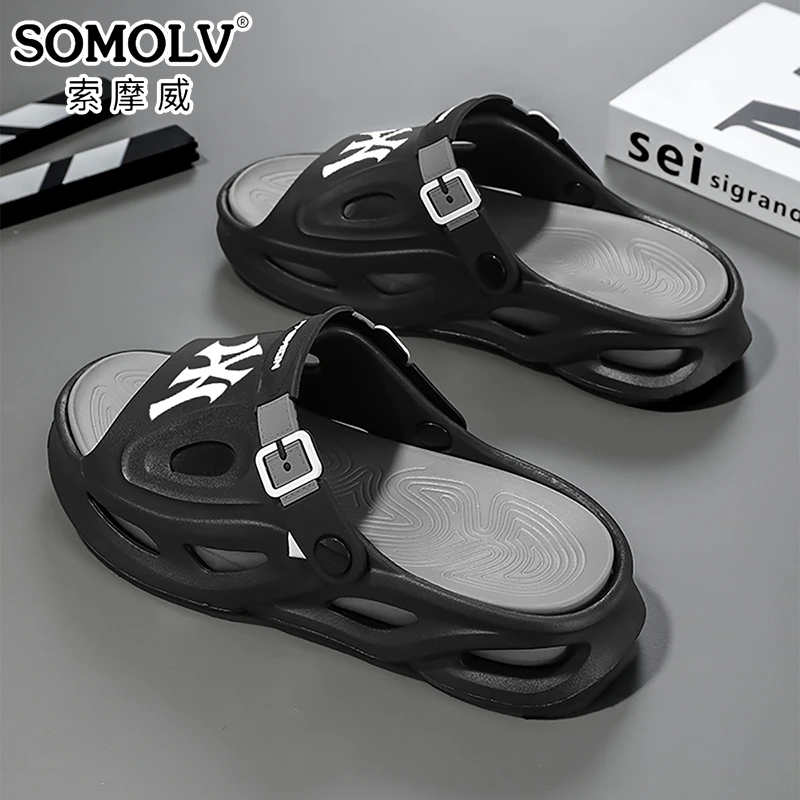 SOMOLV男士夏季洞洞鞋防滑耐磨厚底外穿凉鞋户外运动开车沙滩拖鞋