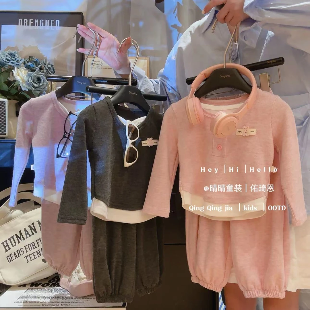 女童套装秋2025新款秋季时髦小女孩童装假两件儿童糯米绒上衣裤子