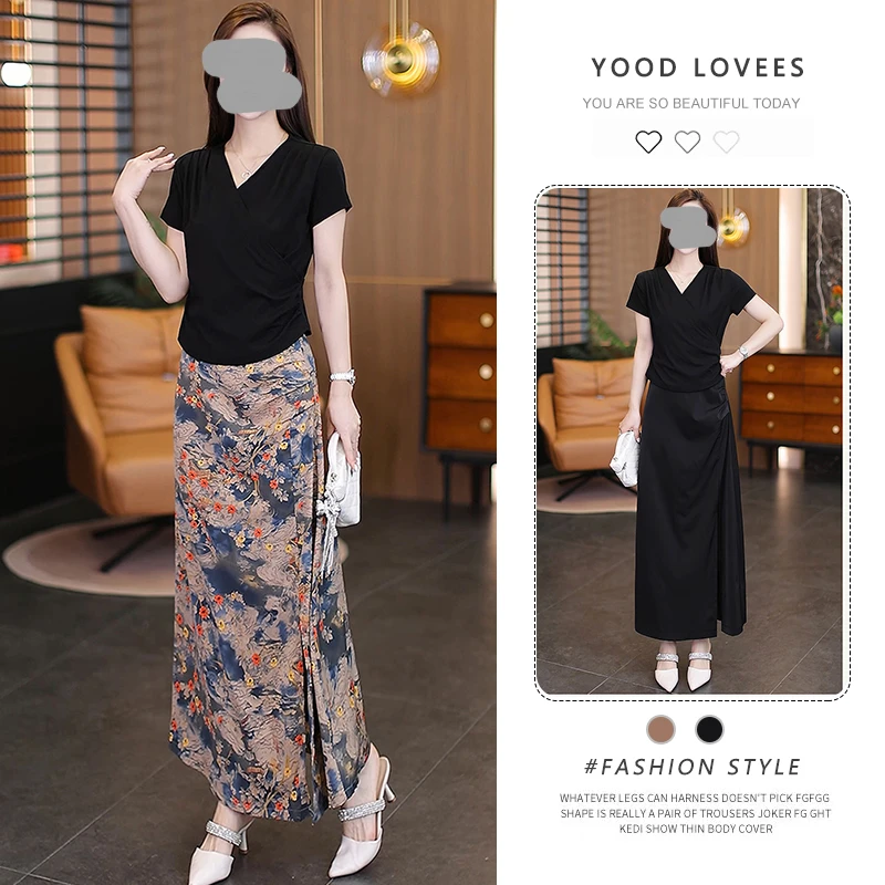 2025夏季新款时尚气质百搭简约修身设计感T恤+高腰显瘦半身裙套装