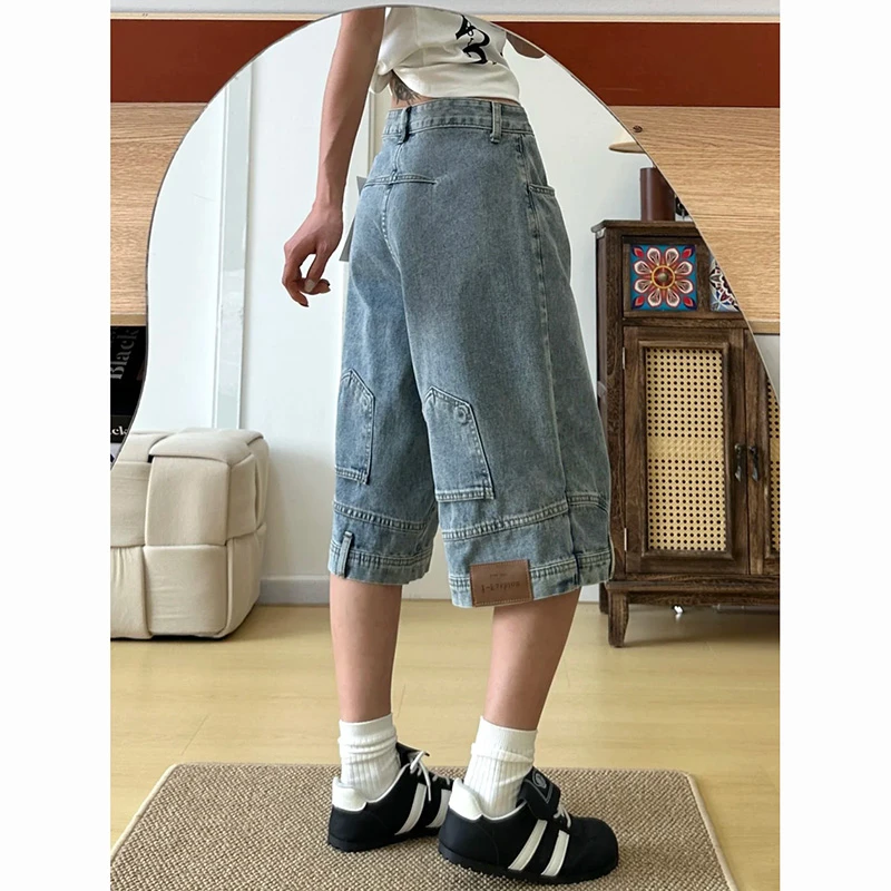 美式高腰浅蓝色六分牛仔裤女2025夏季新款倒装反穿设计感阔腿中裤