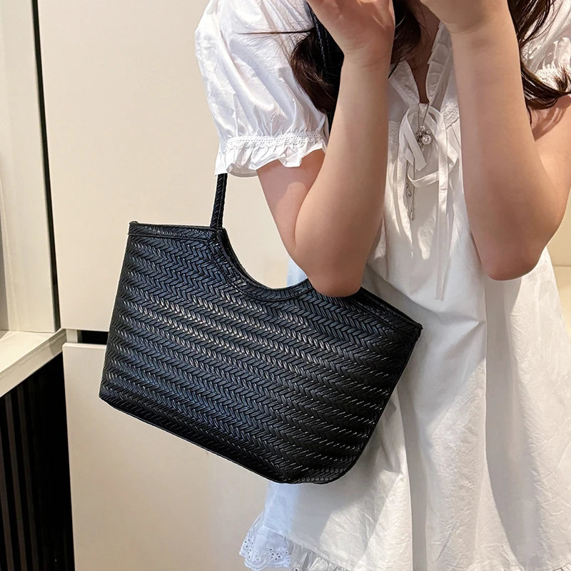 PARACVTOU/帕卡图编织质感大容量托特包女士纯色秋冬极简风单肩包