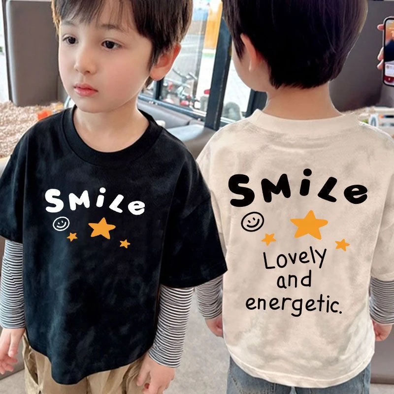 儿童扎染假两件秋冬新款纯棉长袖T恤男女童内搭可外穿上衣打底衫t