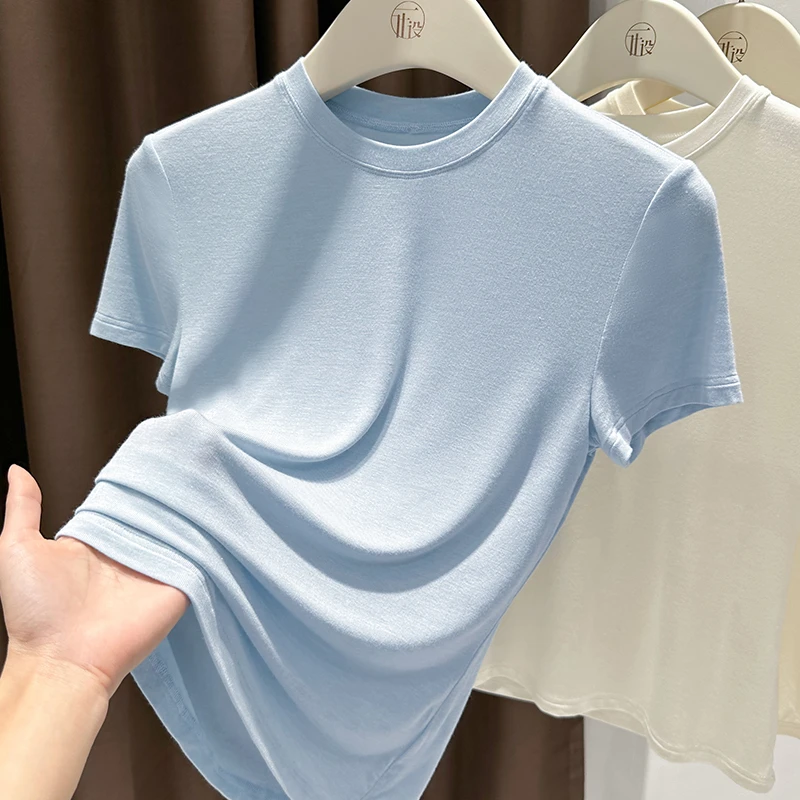 高档小圆领修身短袖女t恤夏季蓝色洋气减龄百搭小衫正肩显瘦上衣