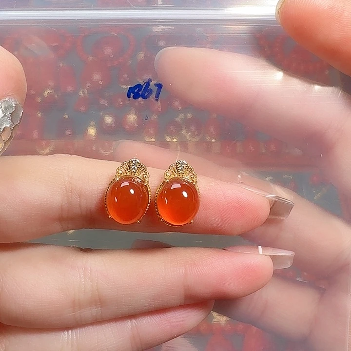 南红玛瑙银S925镶嵌耳饰