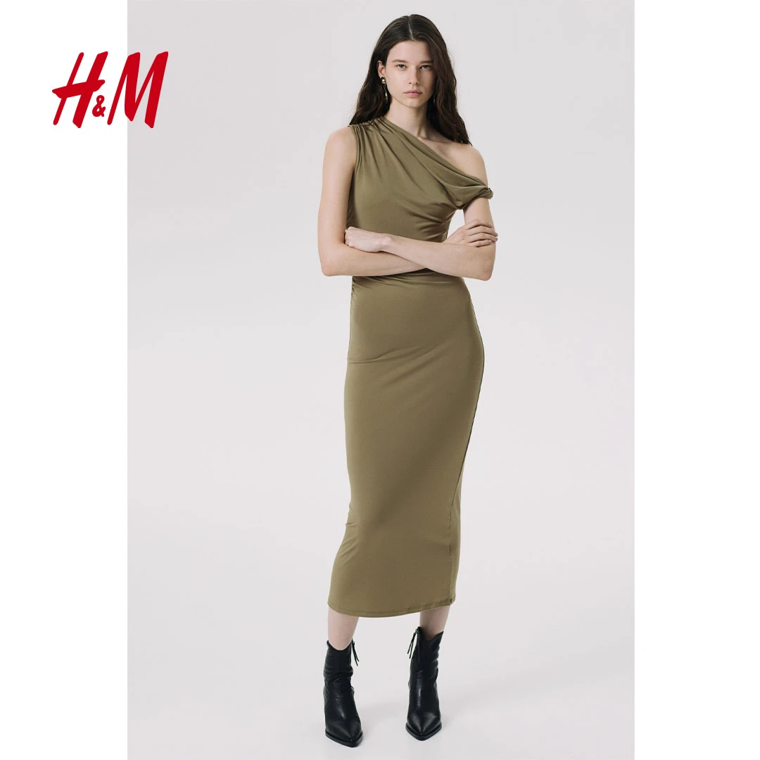 HM女装2025春夏新款连衣裙收腰单肩无袖礼服裙1265423