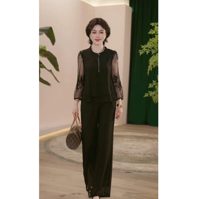 罗蒙新款春夏中年妈妈装薄款时尚套装中老年人衬衣女T恤两件套