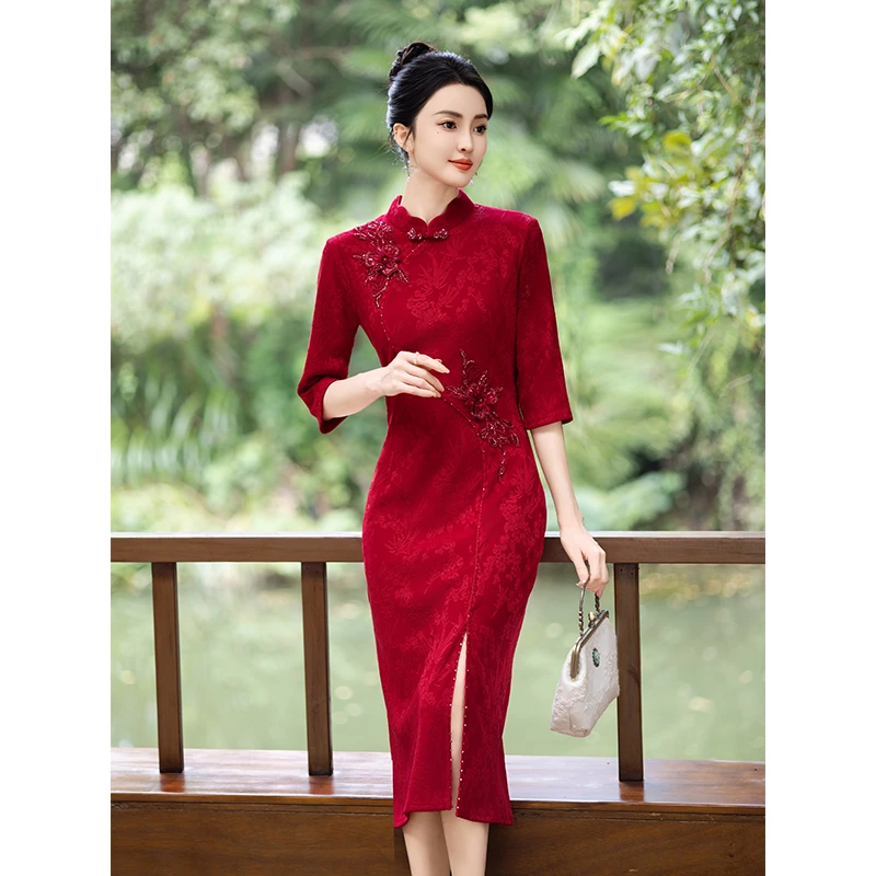 中式旗袍复古长款新娘敬酒服妈妈装喜宴回门服气质优雅显瘦中国风