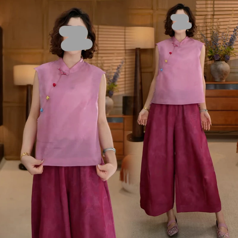 洋气减龄国风套装女2025年夏季新款中式提花马甲上衣阔腿裤两件套