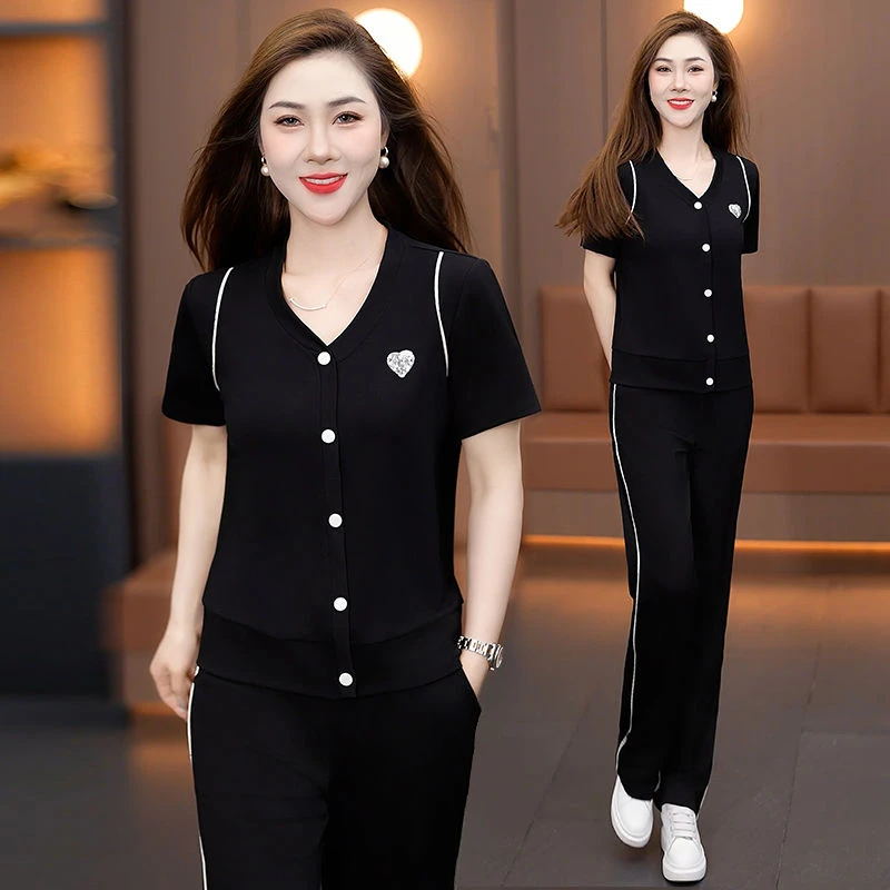 休闲运动服套装女2025新款夏季时尚显瘦V领短袖薄款阔腿裤两件套