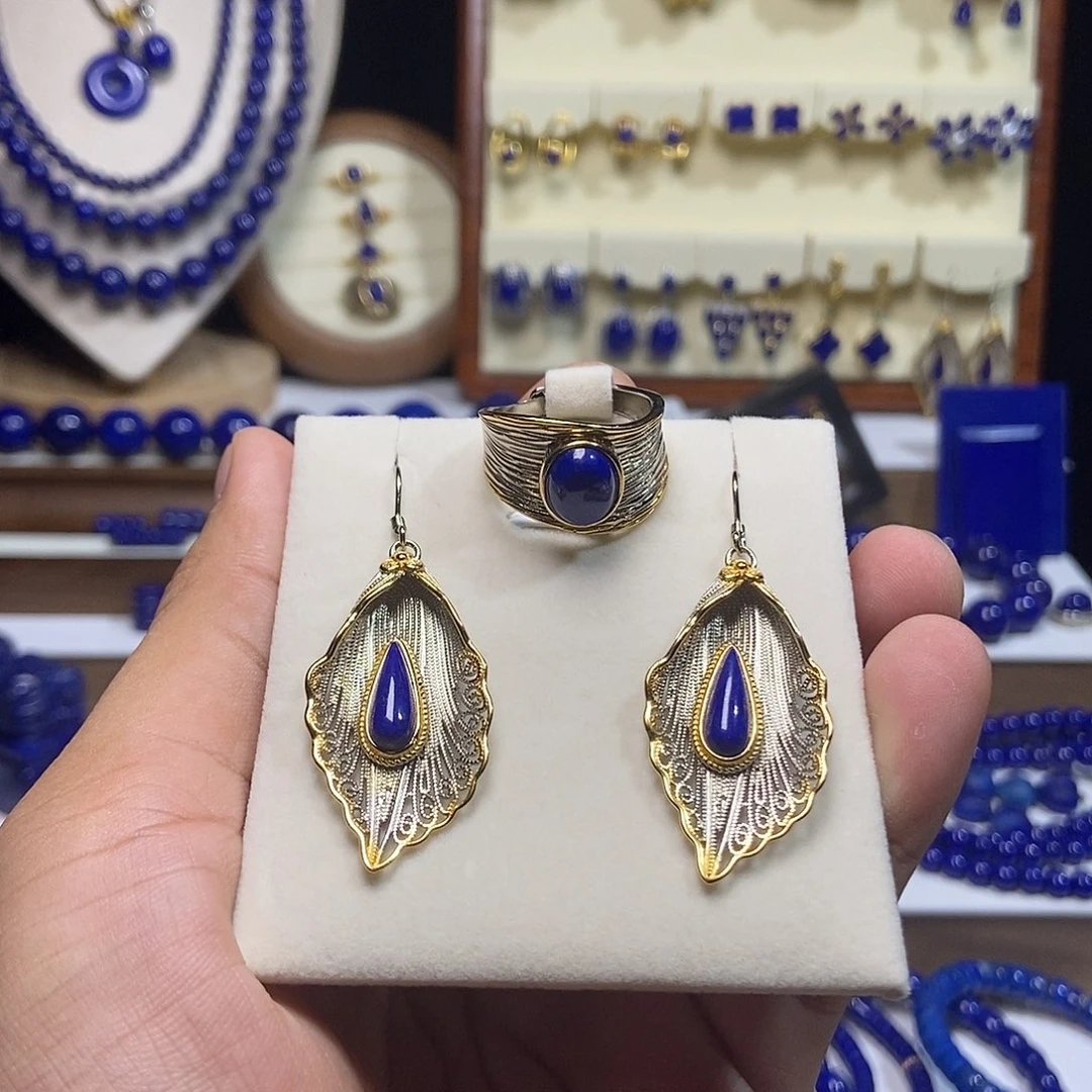 银S925镶嵌青金石豪镶戒指 耳钉情人节 豪华 套餐