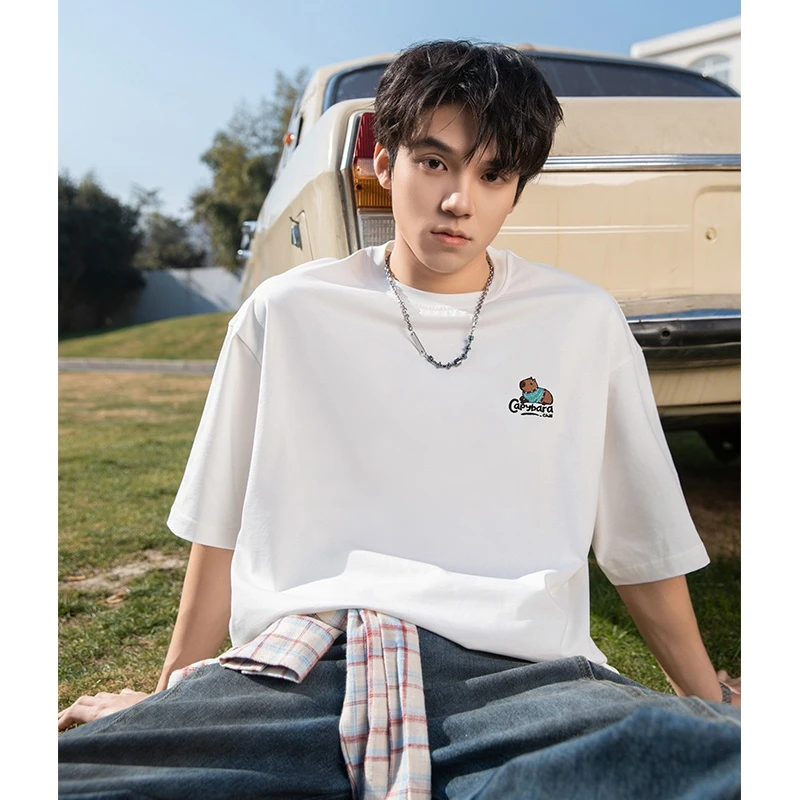 美式休闲刺绣圆领短袖T恤男士新款夏季宽松纯棉潮流五分袖体恤衫