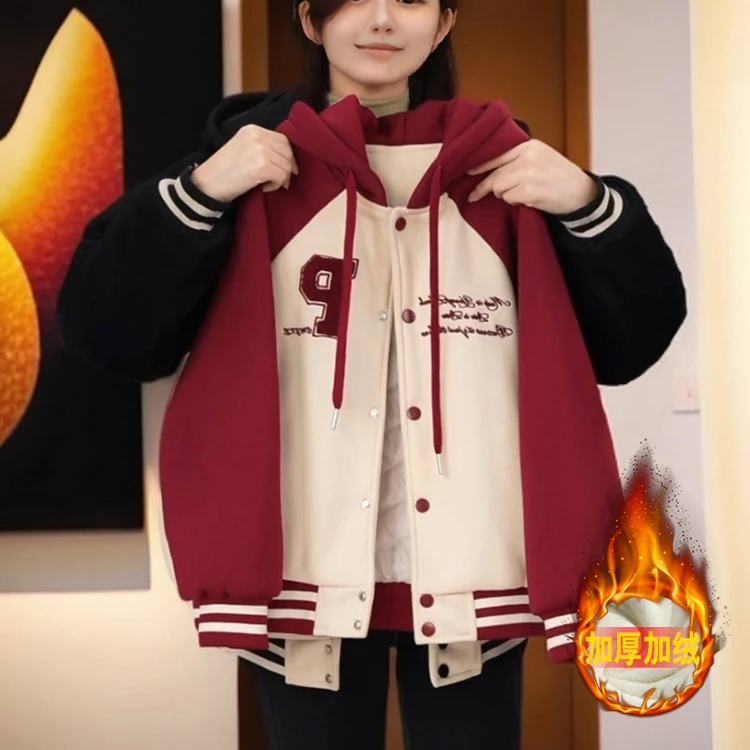 女童夹棉棒球服过冬2025新款中大童加绒毛巾绣连帽加厚棉服外套潮