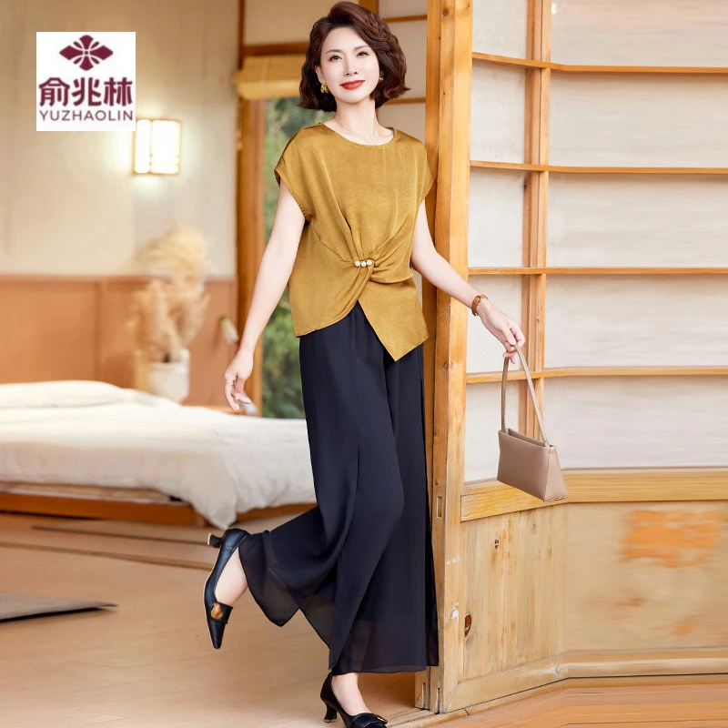 妈妈装夏季套装2025新款中老年女母亲节夏装气质冰丝短袖小衫上衣