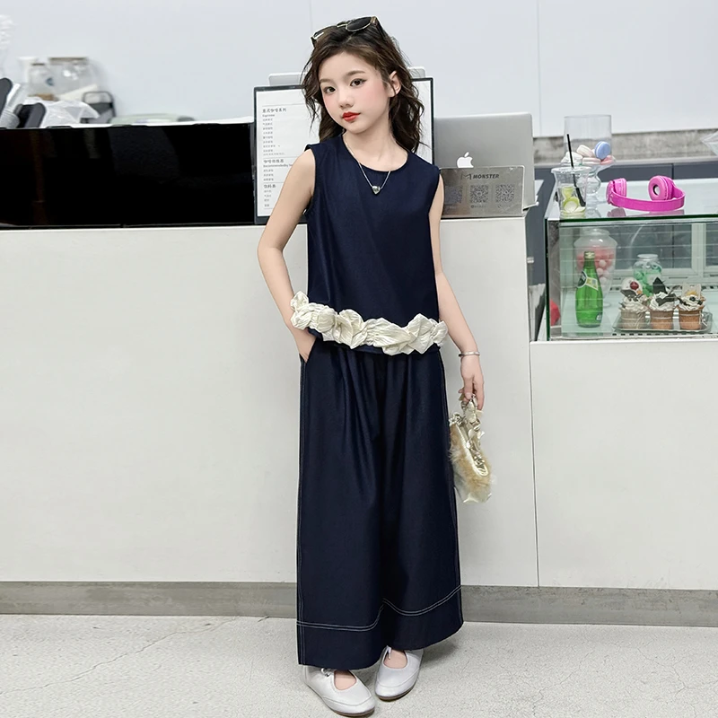女童牛仔套装夏款2025新款女大童洋气薄款天丝无袖阔腿裤两件套潮