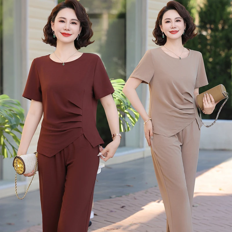 夏季雪纺衬衫妈妈新款短袖夏装2025时尚套装上衣洋气t恤中老年女