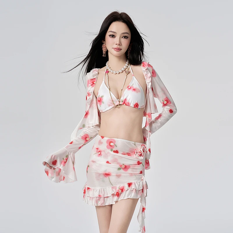 碎花长袖2025新款分体泳衣显瘦温泉纯欲风性感印花