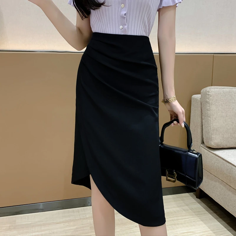 2025夏季新款不规则半身裙女职场中长款褶皱开叉休闲西装包臀裙子