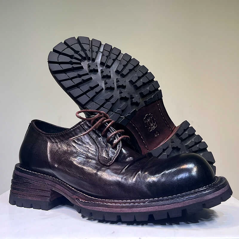 高档商务休闲皮鞋男马皮固特异手工鞋复古德比鞋真皮厚底增高男鞋