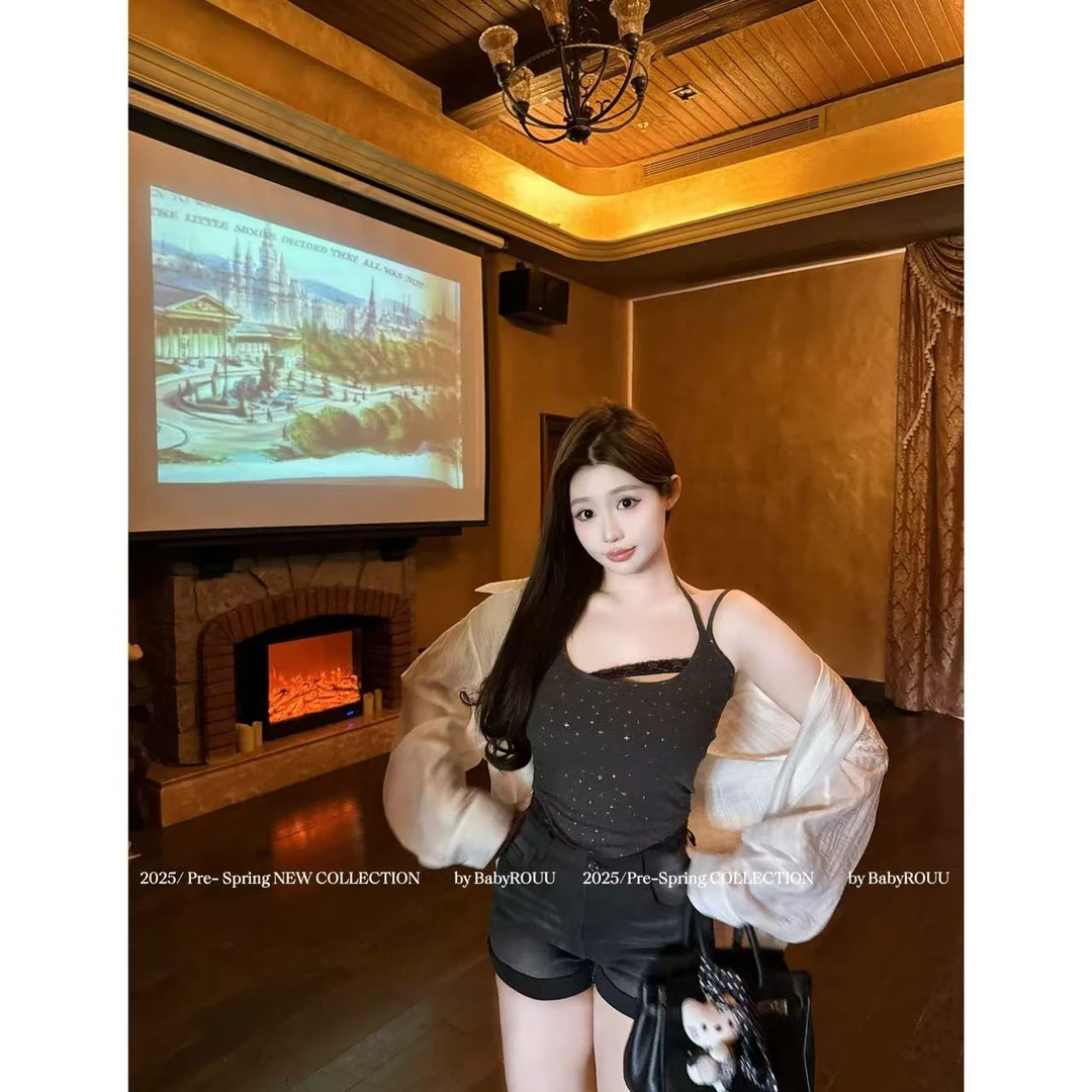 温与柔【夜幕星海】韩版小众设计感弹力烫银小吊带超显腿长丰胯短裤