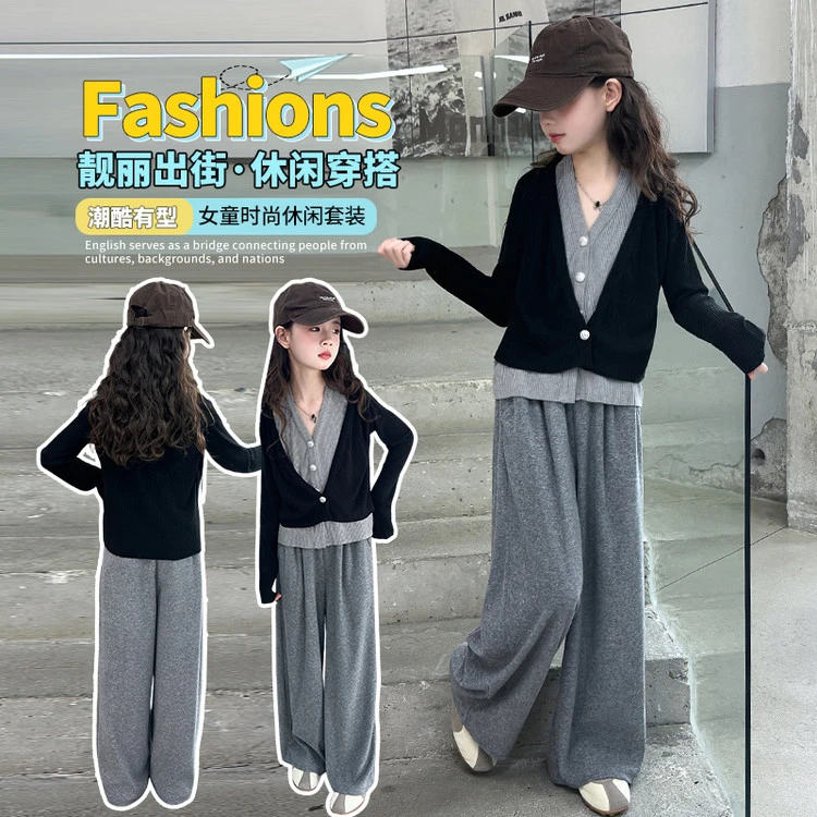 女童网红洋气套装春秋新款中大童假两件针织衫上衣阔腿裤女孩韩版