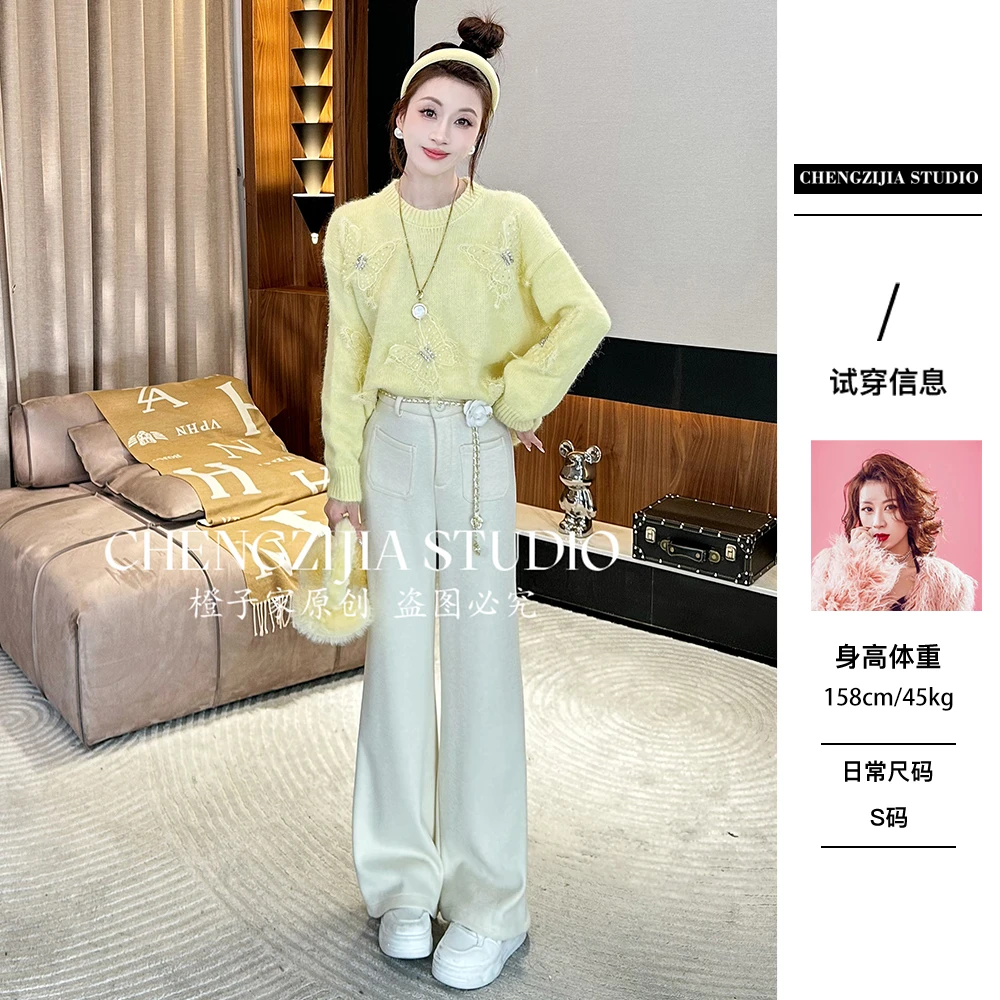 【裴诗婷】橙子studio【芭蕾舞曲】MY0708带钻蝴蝶圆领套头毛衣