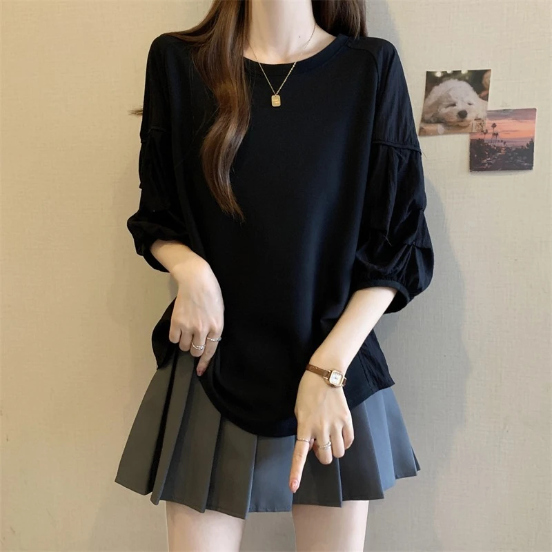 设计感半袖花苞短袖T恤女夏季大码微胖mm显瘦插肩袖正肩独特上衣