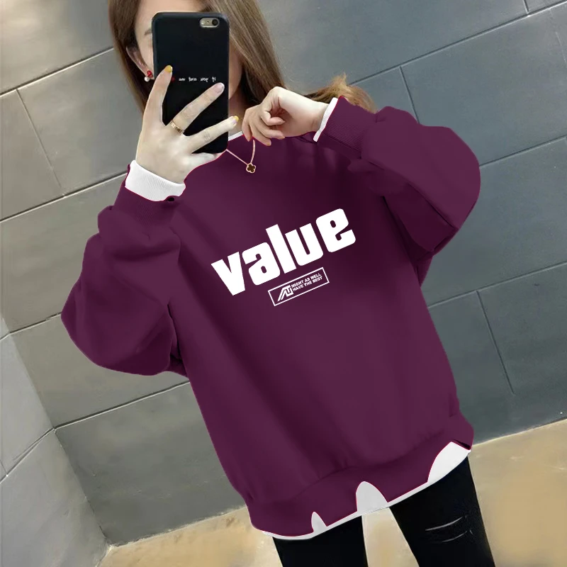 卫衣女秋冬款圆领加绒加厚宽松显瘦百搭保暖时尚印花女士卫衣长袖