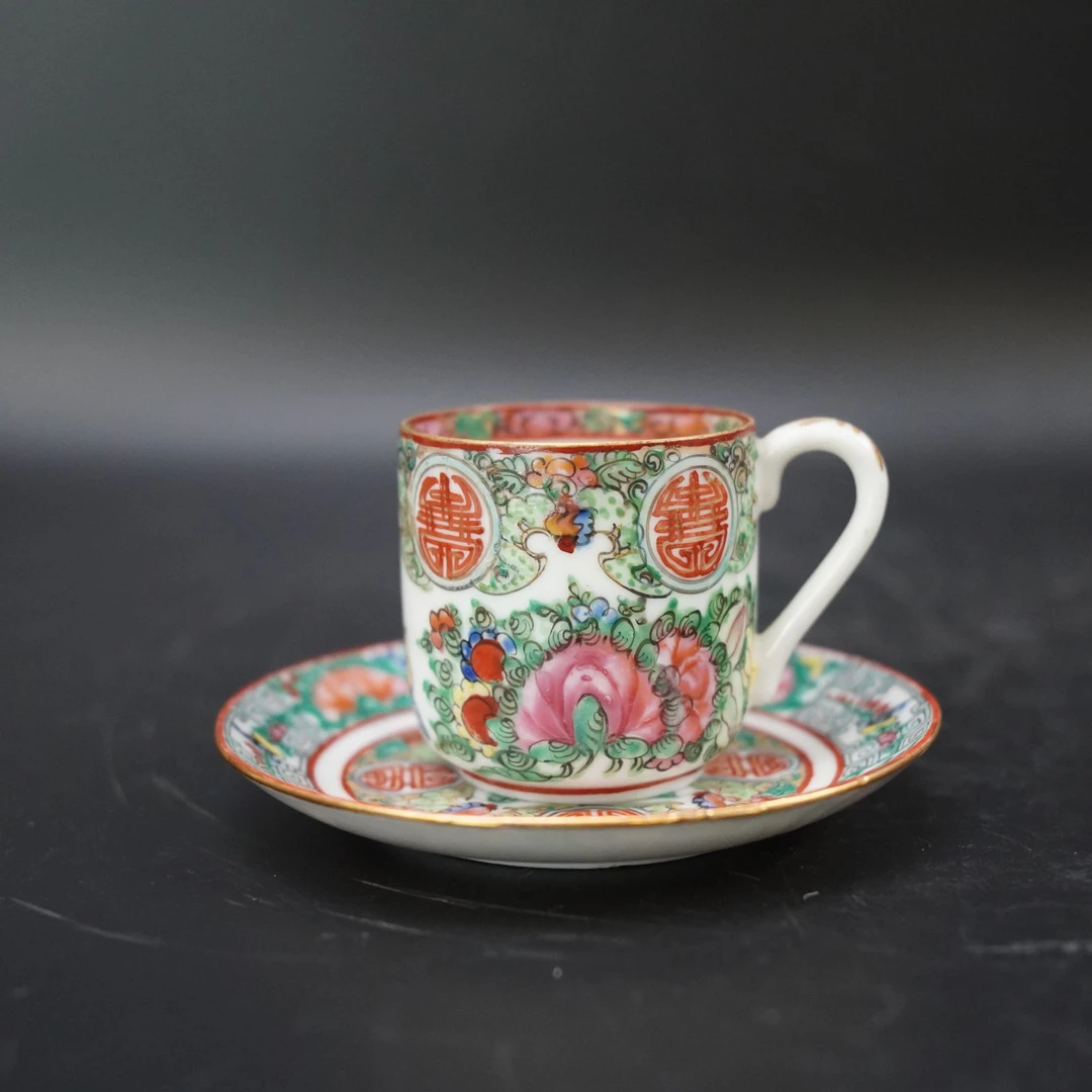 Lot.25090907-2民国广彩寿字花卉纹杯碟 碟直径：约11.4cm