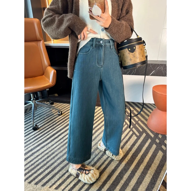 复古蓝加绒直筒牛仔裤女秋冬新款梨形身材宽松显瘦保暖九分阔腿裤