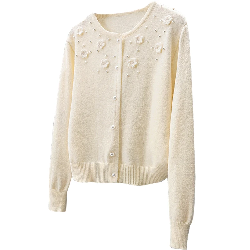 她池2025春装新款女装立体花朵钉珠圆领宽松气质针织衫T51P0007Z