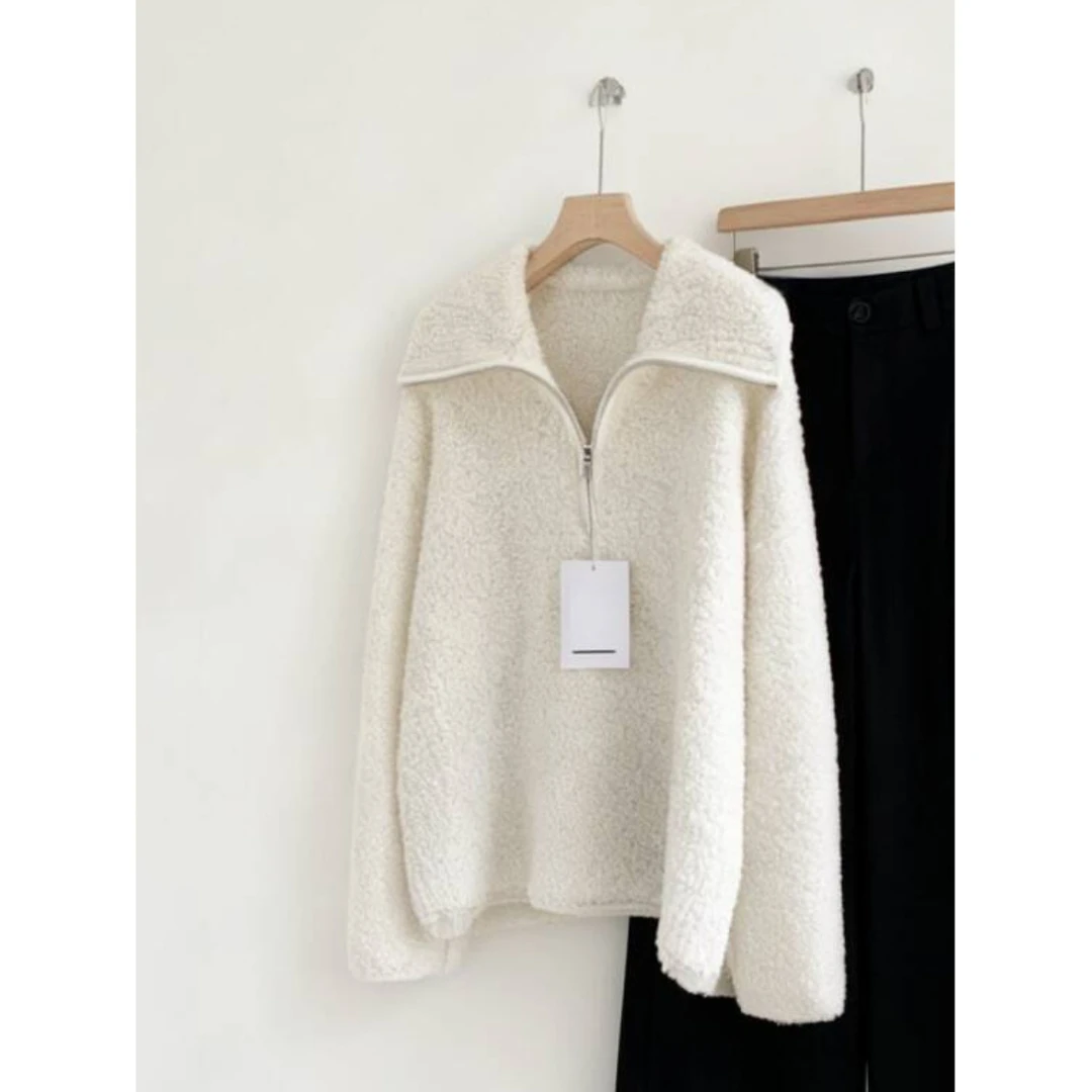 今年流行套装穿搭！半拉链翻领套头针织衫高级感上衣+黑色阔腿裤女