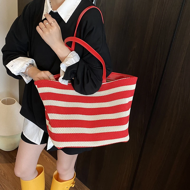 PARACVTOU/帕卡图手拎包百搭红色韩版编织单肩包休闲条纹托特包